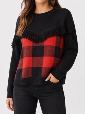 BAR III Buffalo Plaid Fringe Sweater Black Red Crewneck Boho Western Medium